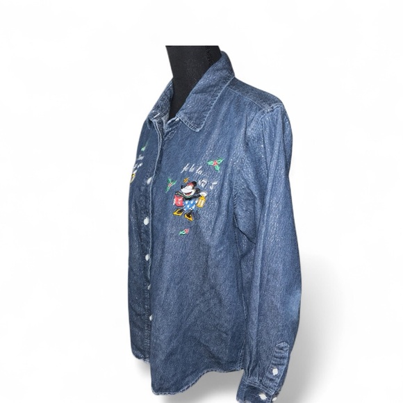 Vintage 90s Disney Mickey Embroidered Button Down Denim Shirt Girls Medium - Picture 2 of 6